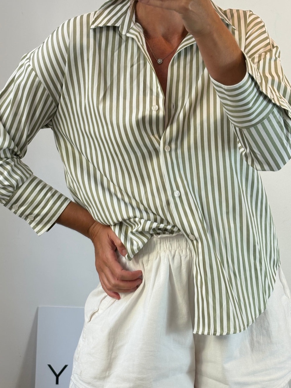 ZARA XS Olive Green and White Striped Button-Up Shirt